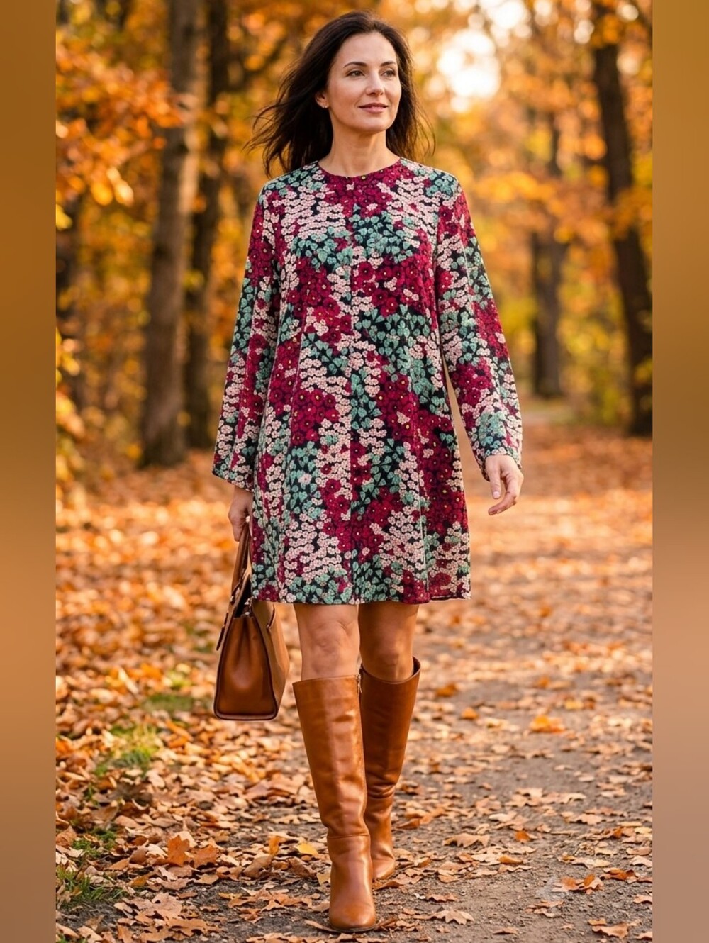 Zara Burgundy Floral Long-Sleeve Shift Dress Size S -Petite Friendly